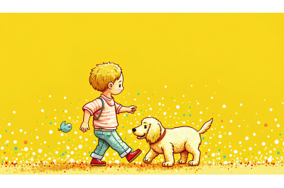 Pointillism dots, vibrant child walking puppy