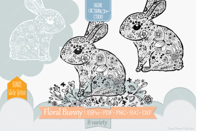 Floral Bunny with Wreath | Hand Drawn Rabbit Tattoo Outline