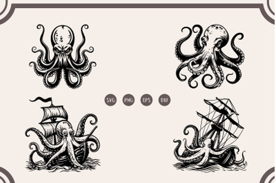 Kraken svg Bundle, Shipwreck Octopus Clipart, Sea Monster