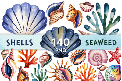 Watercolor Sea Shells &amp; Coral Clipart Set (140 PNG)