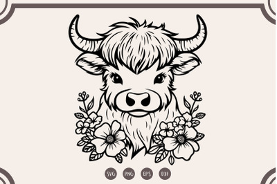 Floral Highland Cow svg, Highland Cow with Flower Clipart