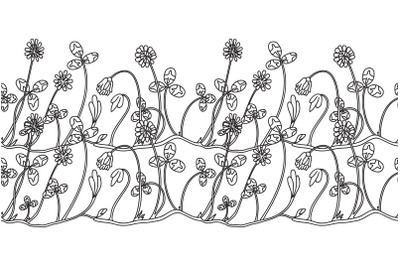 Line art botanical floral border isolated on white background. Hand dr