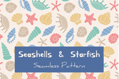 Seashells &amp; Starfish Seamless Pattern PNG JPG EPS