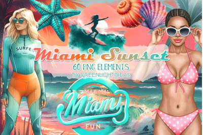 Miami Sunset Clipart, Summer Beach Graphics, Vacation Illustrations