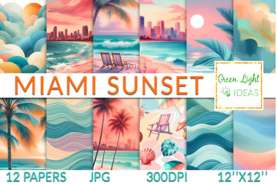Miami Sunset Backgrounds, Beach Digital Papers, Summer Scrapbook Paper