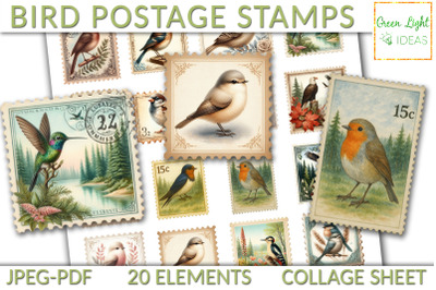 Vintage Junk Journal Bird Postage Stamps Ephemera, Birds Collage Sheet