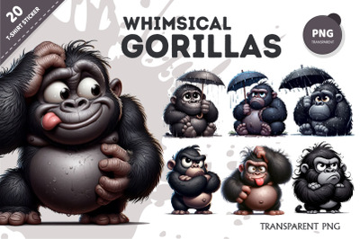 Whimsical cartoon gorillas. T-Shirt, PNG.