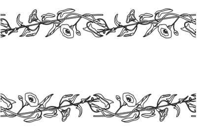 Line art botanical floral horizontal seamless border isolated on white