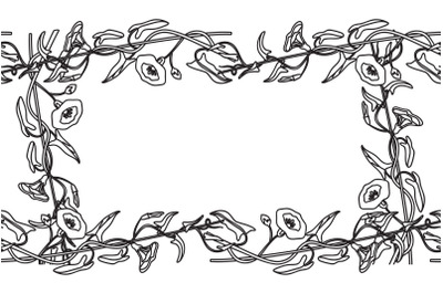 Line art botanical floral frame isolated on white background. Hand dra
