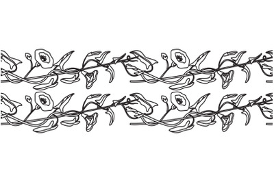 Line art botanical floral horizontal seamless border isolated on white