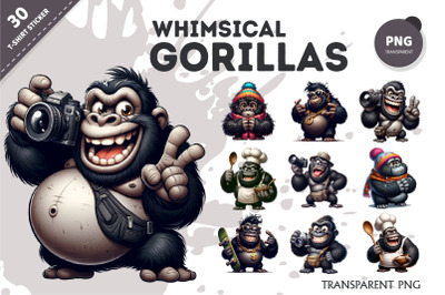 Whimsical cartoon gorillas 02. T-Shirt, PNG.