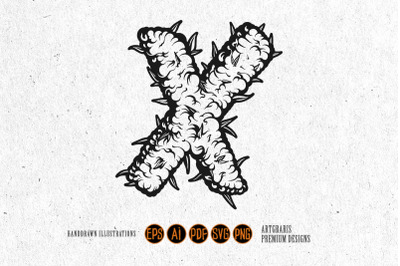 Abstract Thorned X Letter Outline Monochrome Style