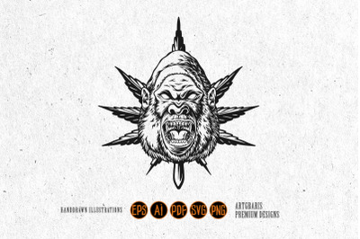 Bold Gorilla and Weed Leaves Outline Monochrome Art