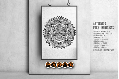 Cannabis Mandala with Geometric Designs Outline Monochrome