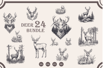 24 Deer Design Bundle, Deer in the Forest svg, Deer Clipart