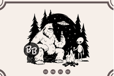 Alien Bigfoot Roasting Marshmallows svg, Bigfoot Alien svg