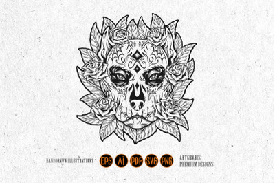 Ornamental Dog Skull with Flowers Latina Monochrome