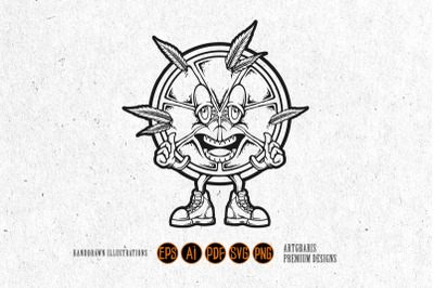 Smiling Citrus with Weed Elements Outline Monochrome