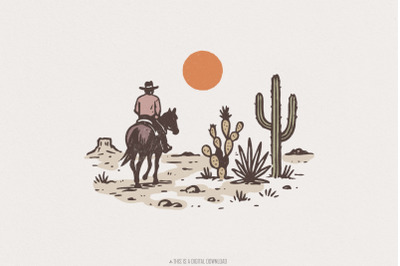 Western Cowboys PNG, Western Sublimation, Desert Dust Cactus, Retro Vi