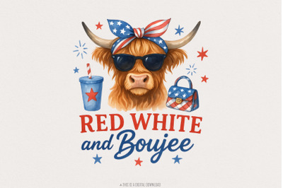 Fourth of July Highland Cow PNG, Patriotic America Sublimation Design,