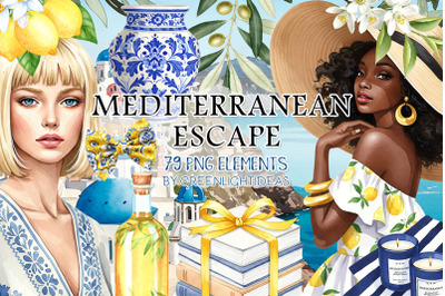 Mediterranean Coastal Summer Clipart, Beach Travel Illustrations