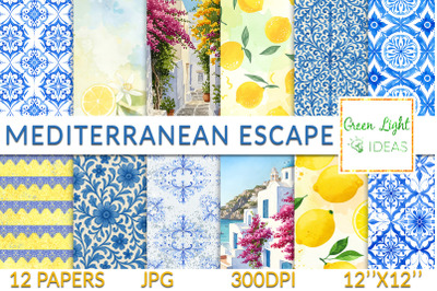 Mediterranean Summer Digital Papers, Azulejo Tiles Backgrounds