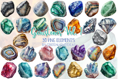 Watercolor Gemstones Clipart Vol 1, Crystals Graphics, Precious Stones
