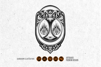 Ornamental Cannabis Flower Emblem Outline Monochrome