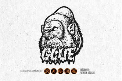 Outline of Angry Gorilla and Melting Lettering Monochrome