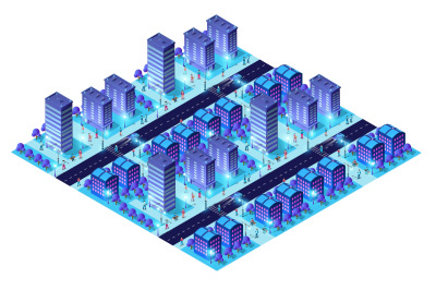 Futuristic smart city at night with glowing buildings and citizens wal