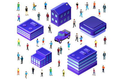 Citizens walking and interacting near isometric buildings and houses