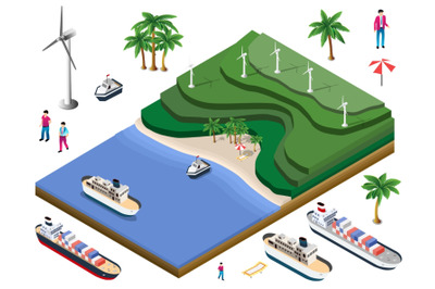 Tropical island with wind turbines, ships, and tourists enjoying vacat