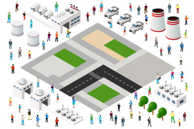 Urban landscape planning with isometric buildings, roads, and people