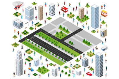 Citizens walking and driving in isometric city center with buildings a
