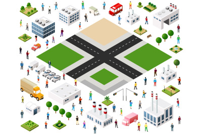 Urban landscape planning with isometric buildings, roads, and people