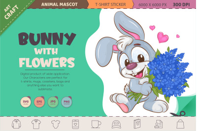 Cute Bunny with flowers. T-Shirt, PNG, SVG.