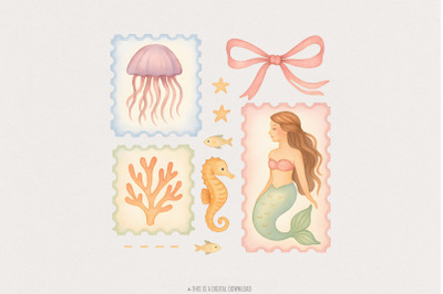 Pastel Mermaid and Sea Animals PNG&2C; Beach Clipart&2C; Under the Sea Ocean