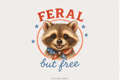 Feral But Free Raccoon PNG, Patriotic Animal Retro Art, 4th of July Am