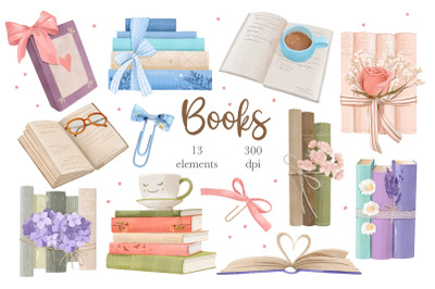 Watercolor Cute Books Clipart, Floral Book PNG, Book Lover