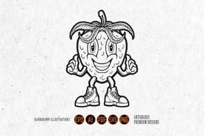 Cheerful Strawberry with Thumbs Up Outline Monochrome