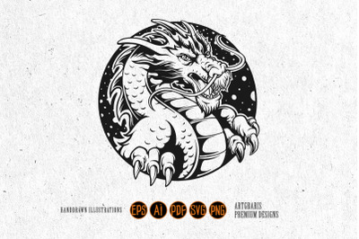 Monochrome Outline Angry Dragon in Circular Frame
