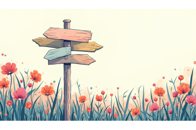 Abstract signpost with blooms, tempera