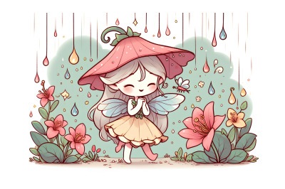 Blooming fairy in a poetic raindrop scene