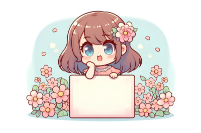 Blossoming girl with blank sign, pastels