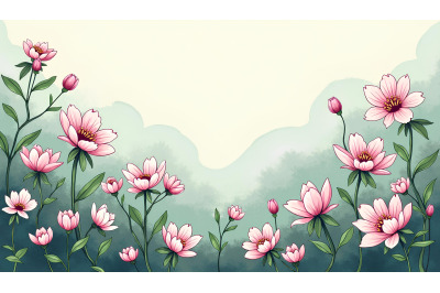 Blossoms and greenery, charcoal lines