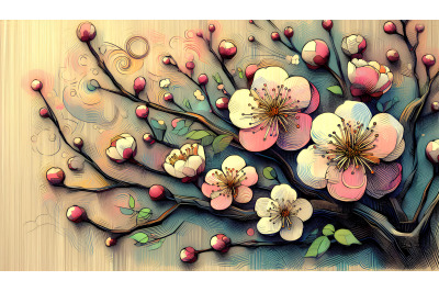 Blossoms on board, expressionist lines