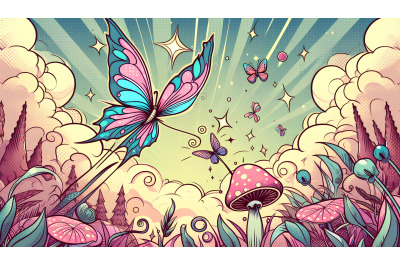 Butterfly fluttering over a fantasy field Magical Pop Art