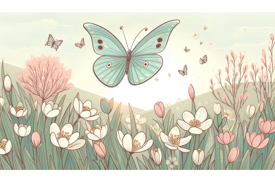 Butterfly flying over blooming fields Spring Awakening