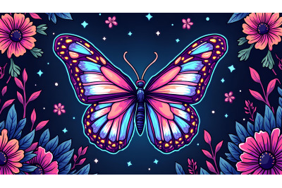 Butterfly in a world of neon patterns Futuristic Pop Art