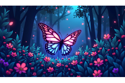 Butterfly in an enchanted neon forest Cyber Glow Art